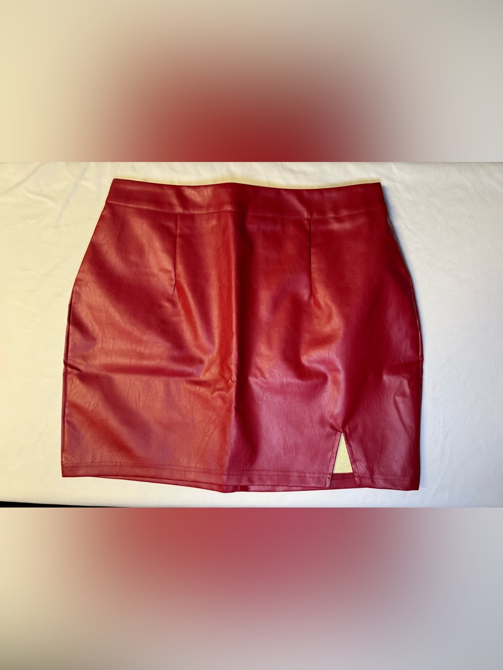 Lulu's Red Faux Leather Mini Skirt with Front Slit